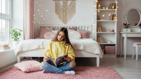 Young caucasian female teen reading on bedroom floor with cozy decor and string lights.の素材