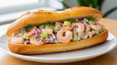 Fresh shrimp roll with celery and dill on a white plate near window.の素材