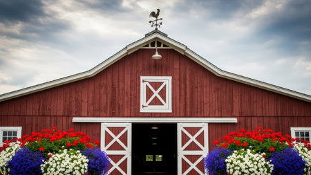 Rustic red barn with vibrant flowers and weather vane under cloudy sky.の素材