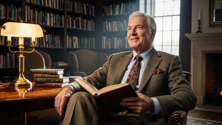 Elderly caucasian male reading in library with lamp and fireplace.の素材