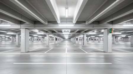 Empty parking garage with concrete columns and symmetrical lighting.の素材