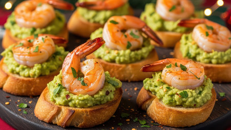 Grilled shrimp and avocado on toasted baguette rounds with herbs and seasoning.の素材