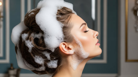 Caucasian female enjoying relaxing hair wash with luxurious foam lather in elegant bathroom.の素材