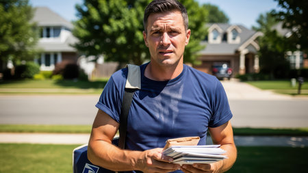 Caucasian male adult mail carrier delivering mail outdoors in residential neighborhood.の素材