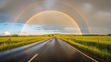 Serene countryside road with double rainbow and open fields under cloudy sky.の素材