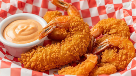 Crispy breaded shrimp with spicy dipping sauce on checkered paper.の素材
