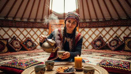 Asian female in traditional attire pouring tea inside decorated yurt.の素材