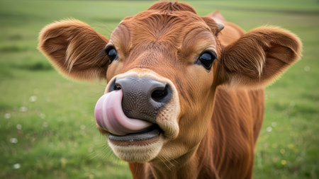 Playful brown cow licking nose in green pasture close-up.の素材