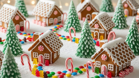 Festive gingerbread village with candy cane pathways and snow-covered trees.の素材