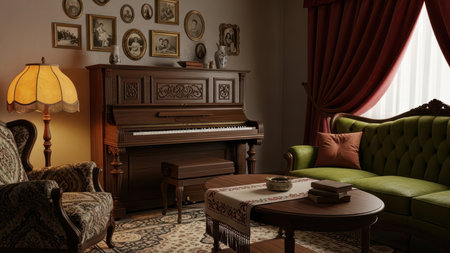 Cozy vintage living room with upright piano and elegant dÃ©cor.の素材