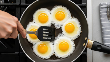 Cooking six sunny-side-up eggs in black frying pan.の素材