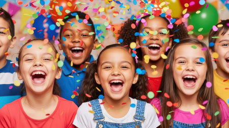 Happy multiracial children celebrating together with colorful balloons and confetti.の素材