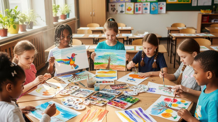 Diverse children in art class painting together with watercolors.の素材