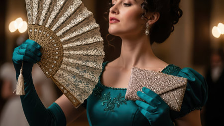 Elegant young caucasian female in teal dress holding lace fan and clutch at formal event.の素材
