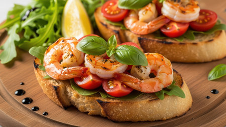 Shrimp bruschetta with cherry tomatoes and arugula on rustic bread.の素材