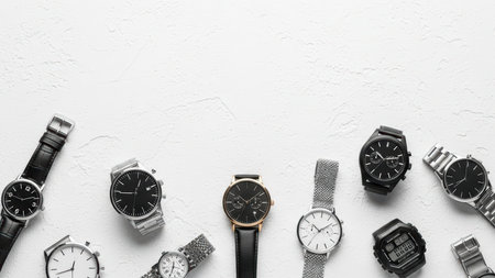 Assorted wristwatches on white background with various straps and designs.の素材