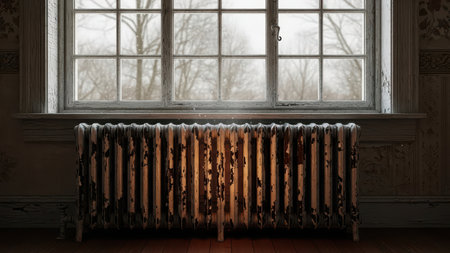 Rusty radiator below frosted window with snowy trees in winter.の素材