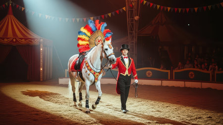 Circus performer leading decorated horse in vibrant arena setting.の素材