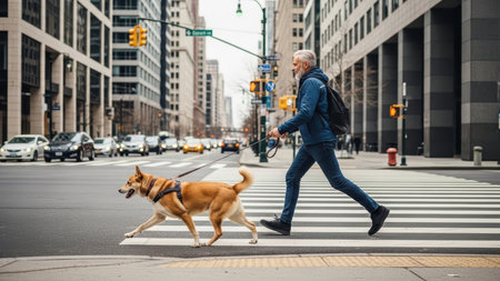 Mature caucasian male walking dog in urban crosswalk with traffic and skyscrapers.の素材