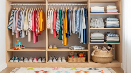 Neatly organized children's closet with colorful clothes, toys, and shoes in wooden shelves.の素材