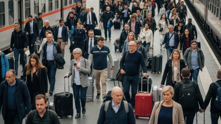 Crowded train platform with diverse travelers carrying luggage.の素材