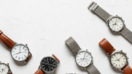 Elegant collection of classic analog wristwatches with leather and metal bands.の素材