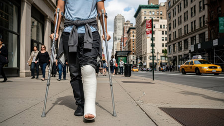 Young caucasian male with leg cast and crutches walking in urban street scene.の素材