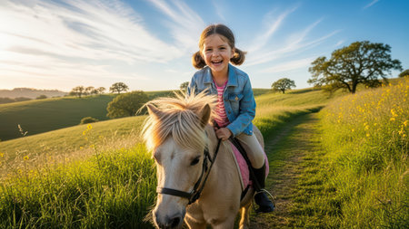 Joyful caucasian young girl riding pony on sunny countryside path.の素材