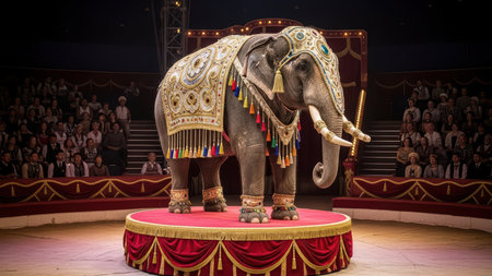 Majestic elephant in ornate costume performing on circus stage.の素材