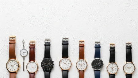 Elegant collection of classic and modern wristwatches on textured white background.の素材