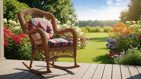 Elegant wicker rocking chair on sunlit porch amidst vibrant garden blooms.の素材
