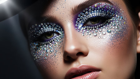 Female with glittering rhinestone makeup and dramatic eye shadow.の素材