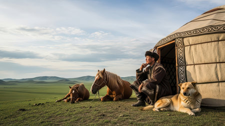 Nomadic life in mongolia: asian male with horses and yurt in vast landscape.の素材