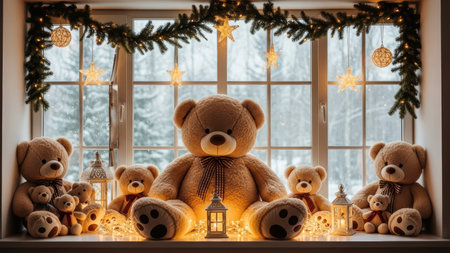 Cozy winter window display with teddy bears and festive decorations.の素材