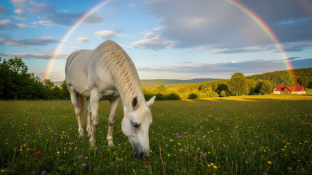 White horse grazing in flowered meadow under vibrant rainbow.の素材