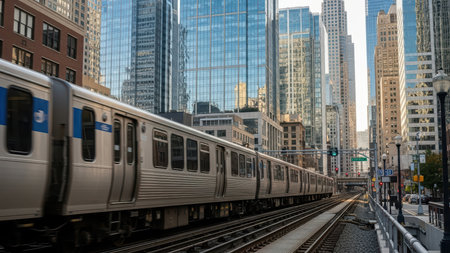 Urban cityscape with train surrounded by skyscrapers on a sunny day.の素材