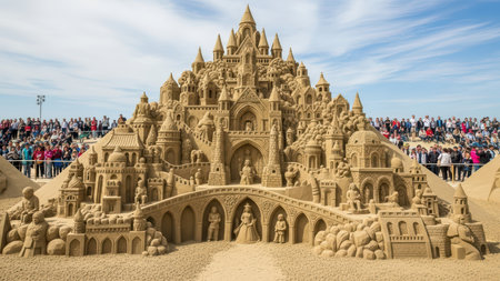 Impressive sandcastle competition with intricate castle design and large crowd.の素材