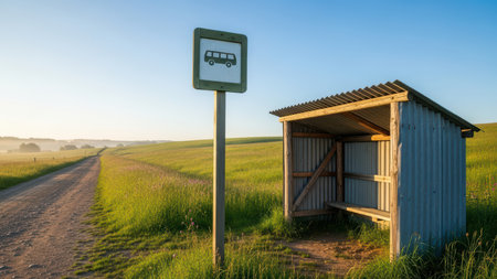 Rural bus stop shelter in vast green field under clear blue sky.の素材