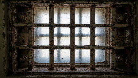 Rusty prison cell bars with light shining through.の素材