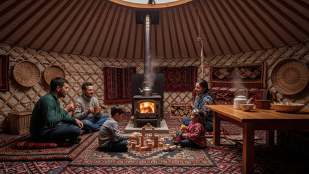 Family enjoying cozy evening in traditional yurt with warm stove.の素材