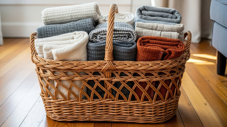 Woven basket filled with rolled blankets on wooden floor.の素材
