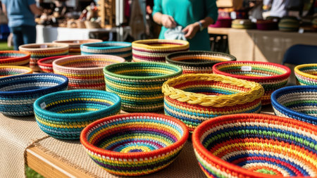 Colorful handmade knitted bowls display at outdoor market.の素材