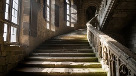 Historic stone staircase in medieval castle with sunlit arched windows.の素材