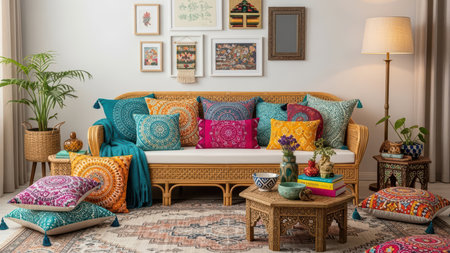 Vibrant bohemian living room with colorful mandala cushions and art decor.の素材