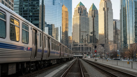Urban train moving through cityscape with skyscrapers at sunset.の素材