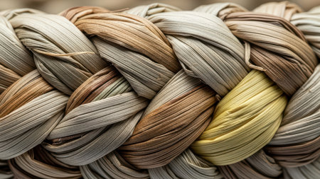Textured closeup of colorful woven fibers in neutral tones.の素材