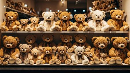 Variety of teddy bears on shelves in warmly lit store interior.の素材