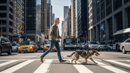 Caucasian mature male walking german shepherd on busy urban street crossing.の素材