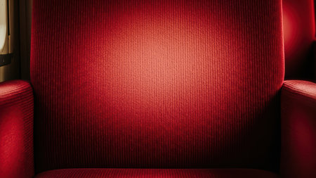 Close-up of red fabric armchair in low light setting highlighting texture.の素材
