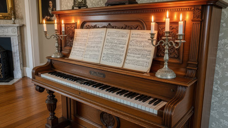 Elegant victorian piano with sheet music and candles in vintage setting.の素材